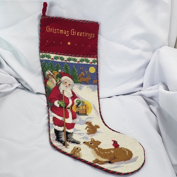 Vintage Needlepoint Christmas Stocking Wool Velvet Santa Animals Embroidered - Picture 7 of 7